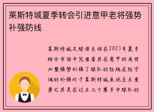 莱斯特城夏季转会引进意甲老将强势补强防线