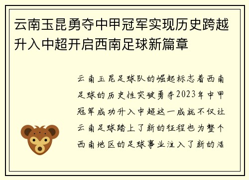 云南玉昆勇夺中甲冠军实现历史跨越升入中超开启西南足球新篇章